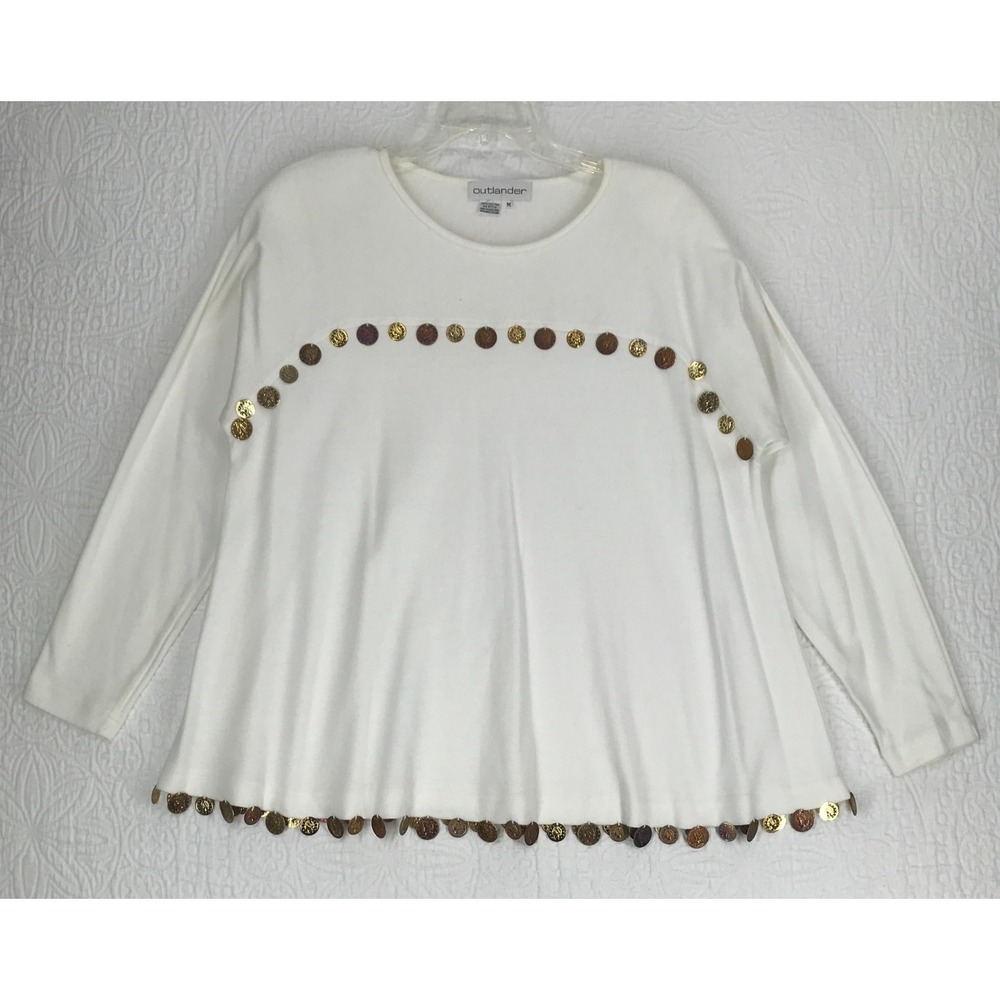 Vintage Outlander Top Size M Long Sleeve Medallion Embellished Ivory